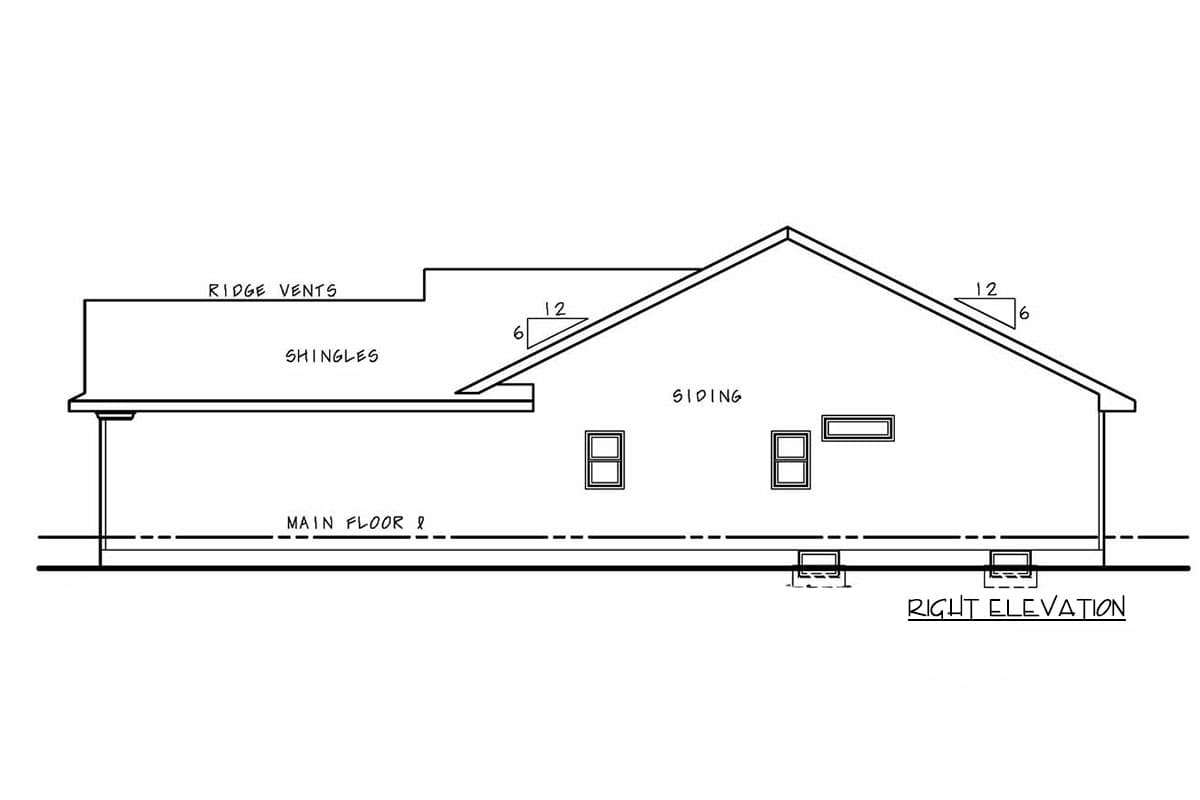 House plan right elevation drawing showing siding, shingles, ridge vents, and main floor level.