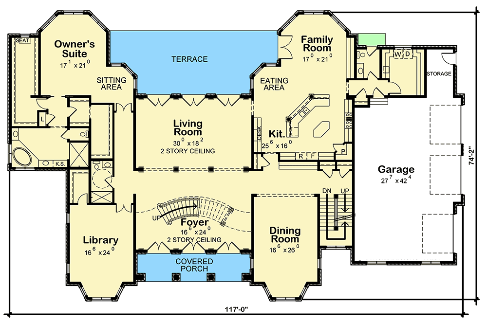 Plan 42576DB: Majestic Two-Level House Plan with Main-Level Owner's Suite - Floor Plan - Main Level - Traditional