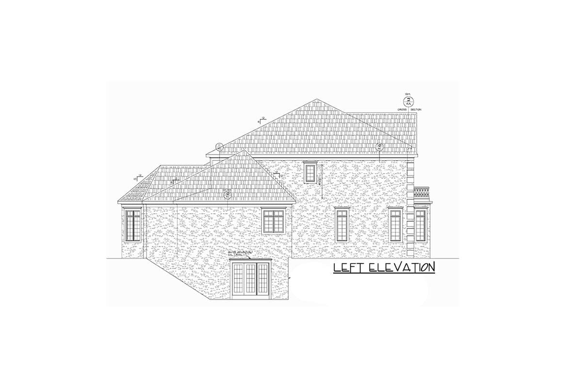 Left elevation drawing of a house plan featuring a mansard roof, multiple gables, brick facade, and decorative balustrade.