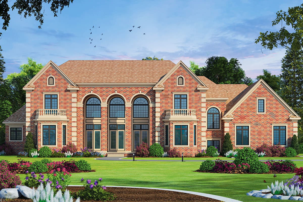 House plan exterior. Two-story brick home with gabled roof, multiple dormers, and arched window design. Includes a portico and balcony.