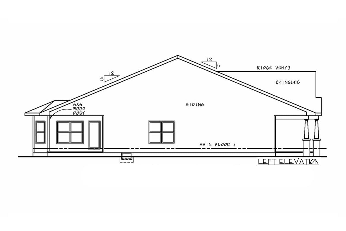 House plan left elevation drawing showing siding, windows, roof with shingles and ridge vents, and a covered porch supported by posts.