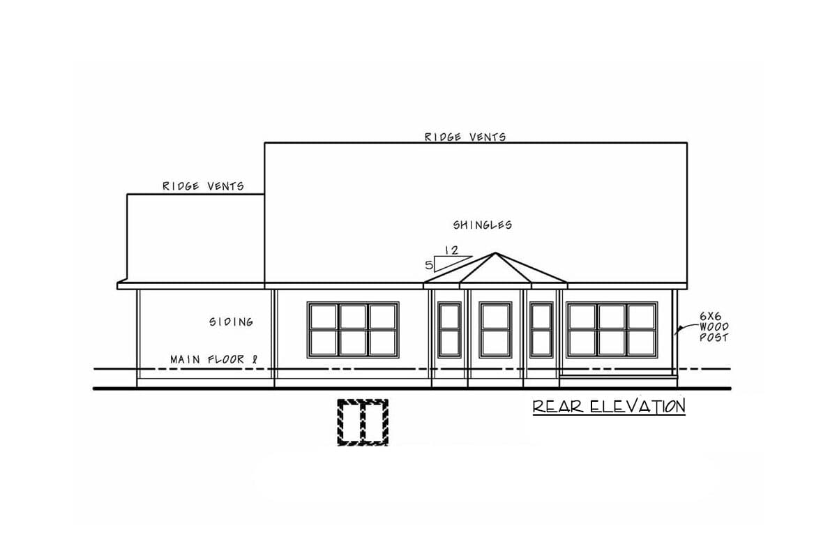 Rear elevation drawing of house plan showing siding, multiple windows, a gabled dormer, and 6x6 wood posts.