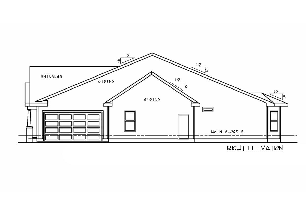 House plan right elevation with garage, gable roof sections, and siding.