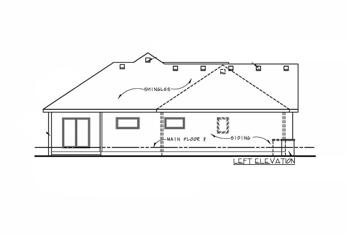 Left elevation house plan drawing showing a shingled roof with dormers, siding, and double doors on the main floor.