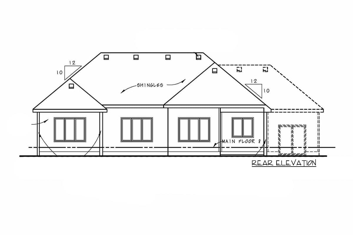 Rear elevation of a single-story house plan with gabled roof sections, multiple windows, and a covered rear entrance.