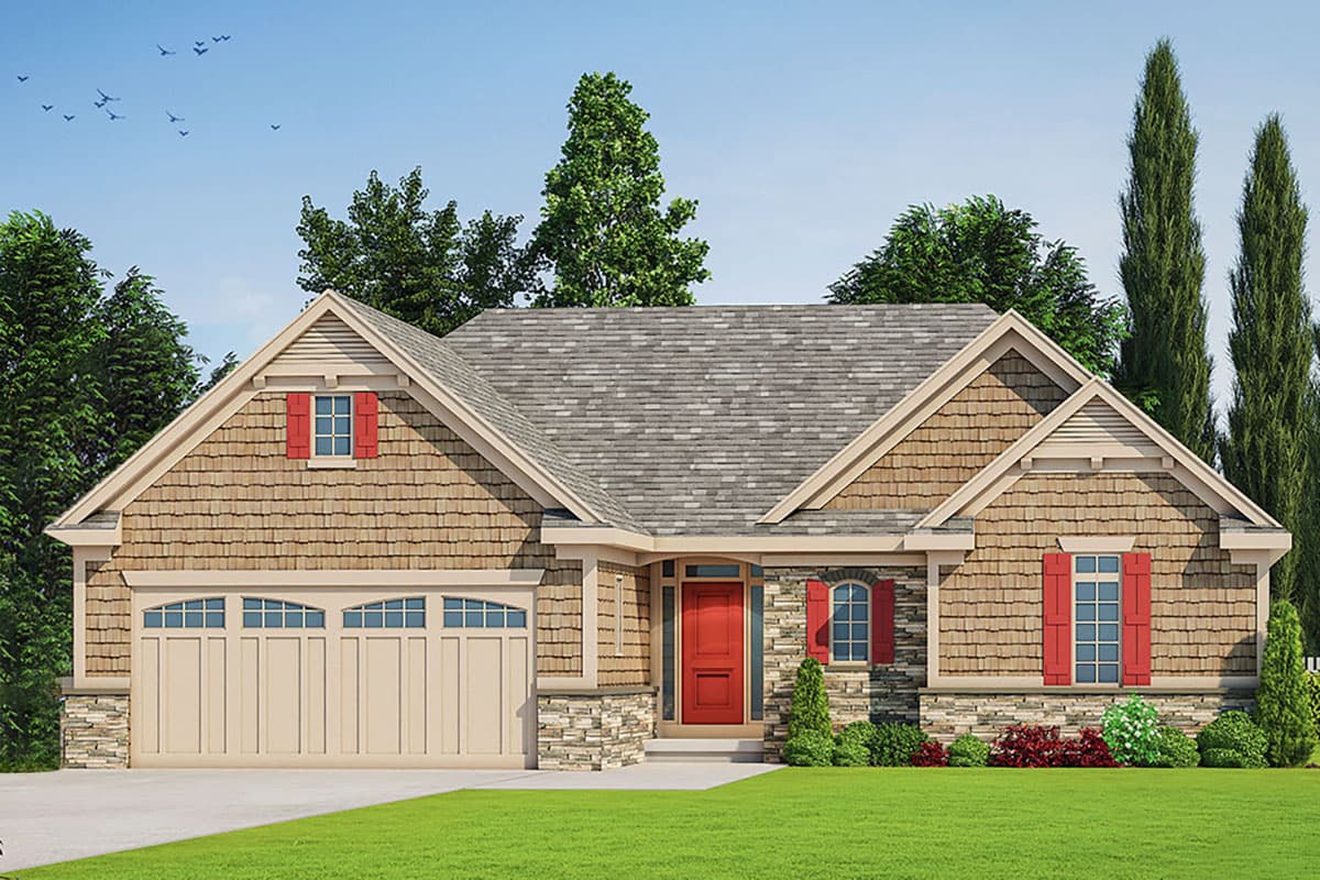 House plan exterior. Craftsman style, one-story home with gables, stone accents, and a front-facing garage with multiple windows.