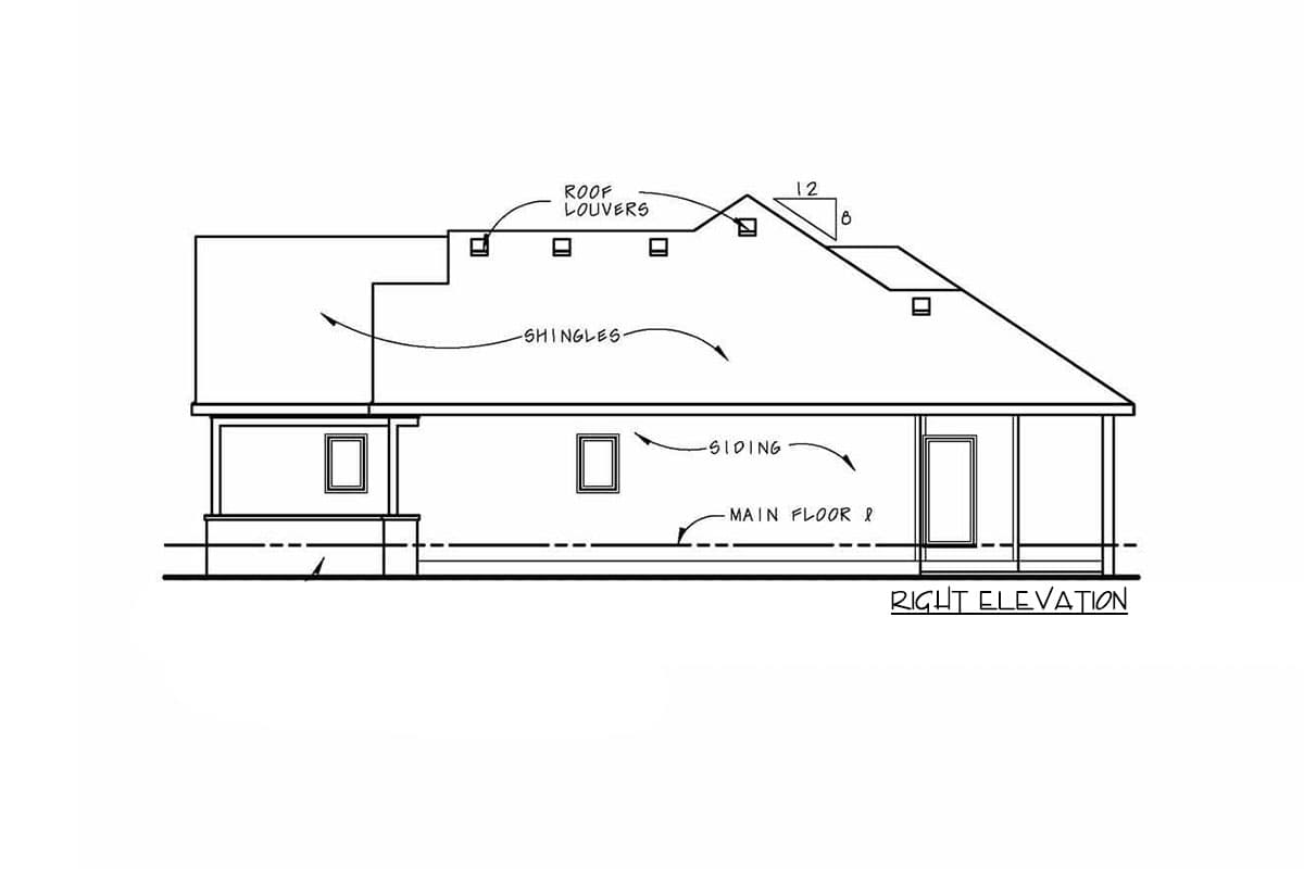 Right elevation drawing of a house plan showing siding, shingles, roof louvers, and a porch.
