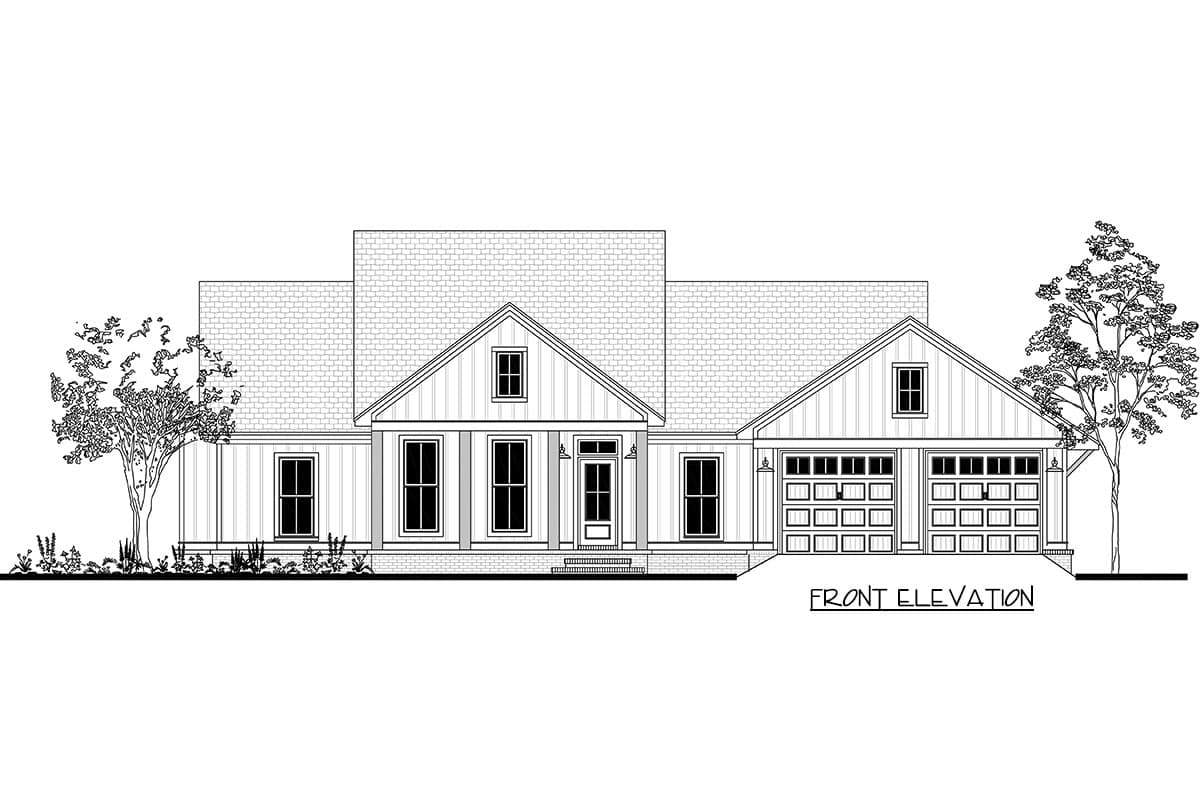 Front elevation house plan with a covered porch, gable dormer, and a two-car garage.