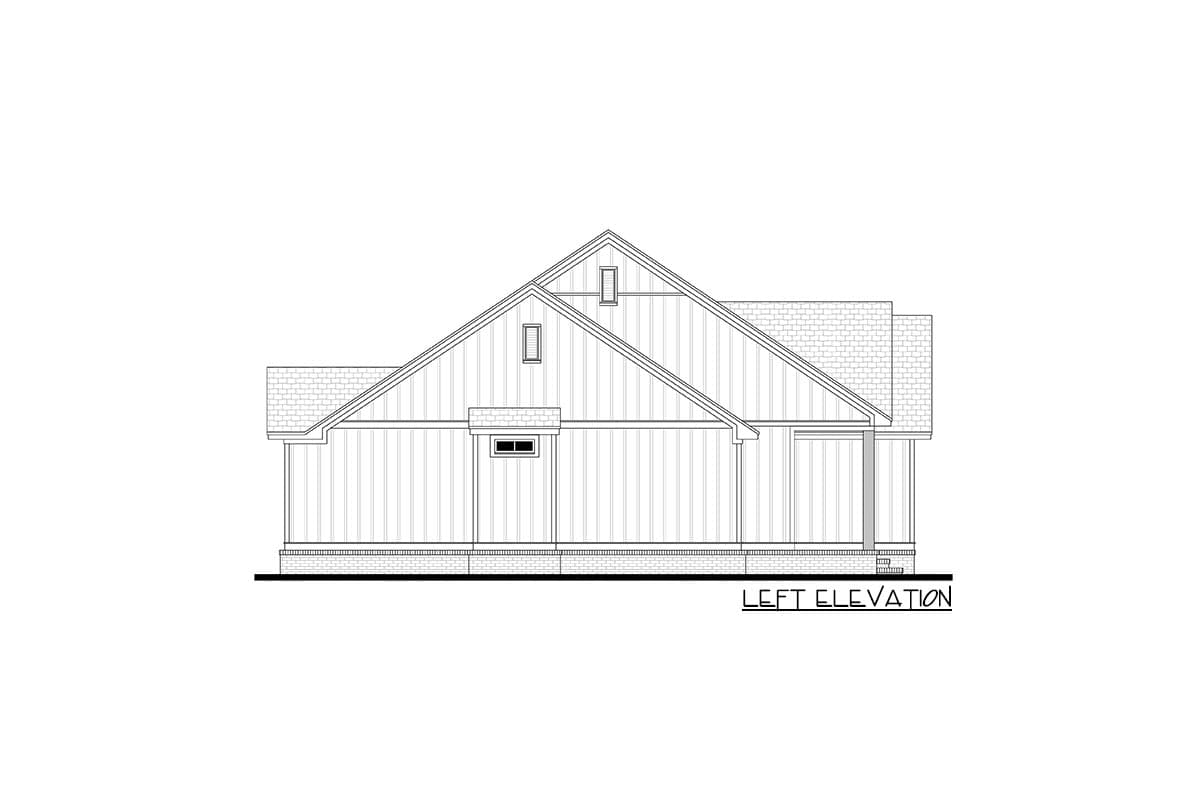 Left elevation drawing of a house plan featuring a prominent gable roof, board and batten siding, and a small dormer.