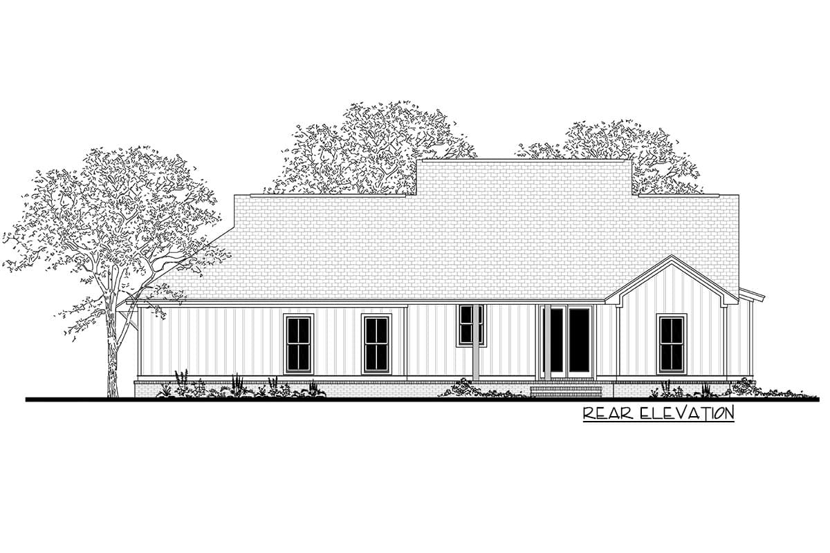 Rear elevation drawing of a house plan featuring a hip roof, gabled dormer, three windows, and double doors.
