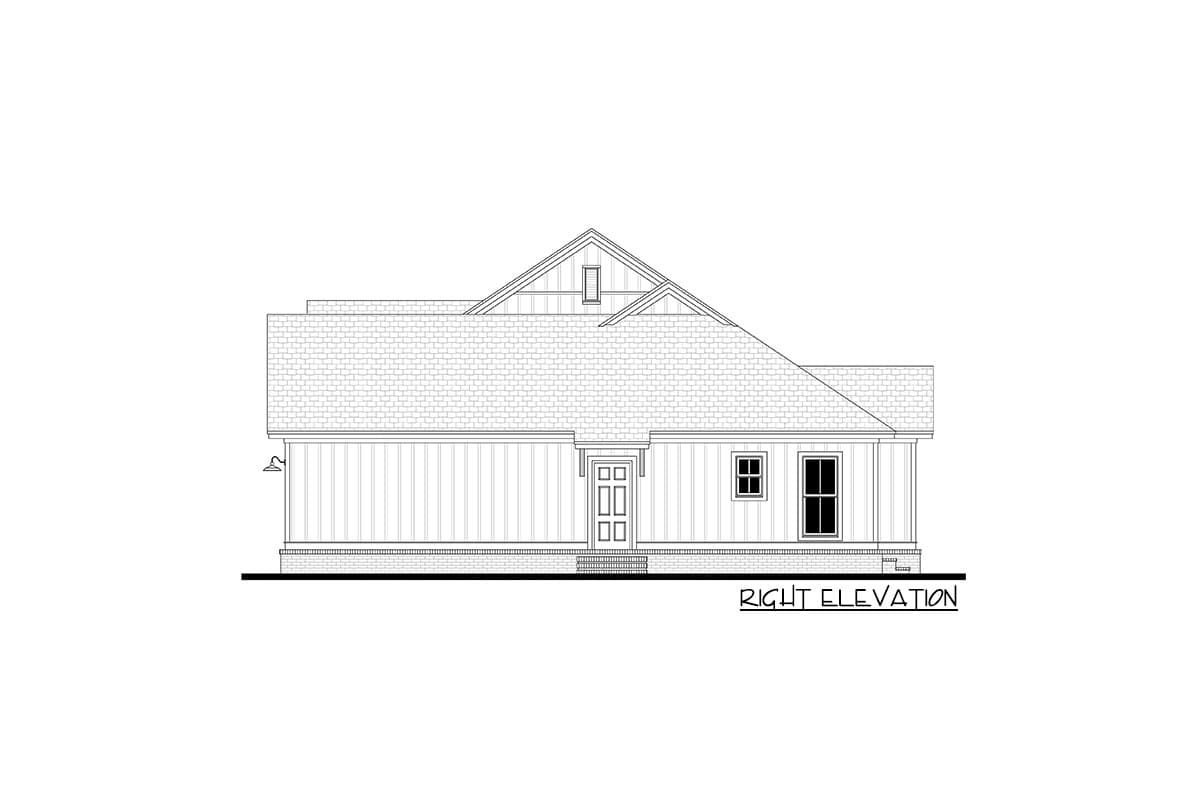 House plan right elevation drawing showing a gable roof, front door with sidelights, and two windows.