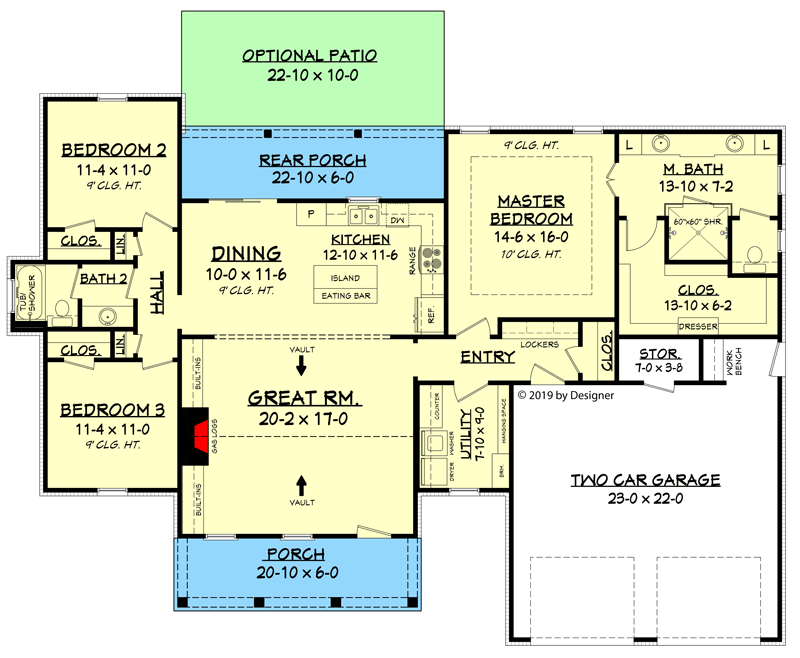 Plan 51798HZ: Split Bedroom House Plan with Vaulted Great Room - Floor Plan - Main Level - Cottage, Craftsman, Southern, Traditional