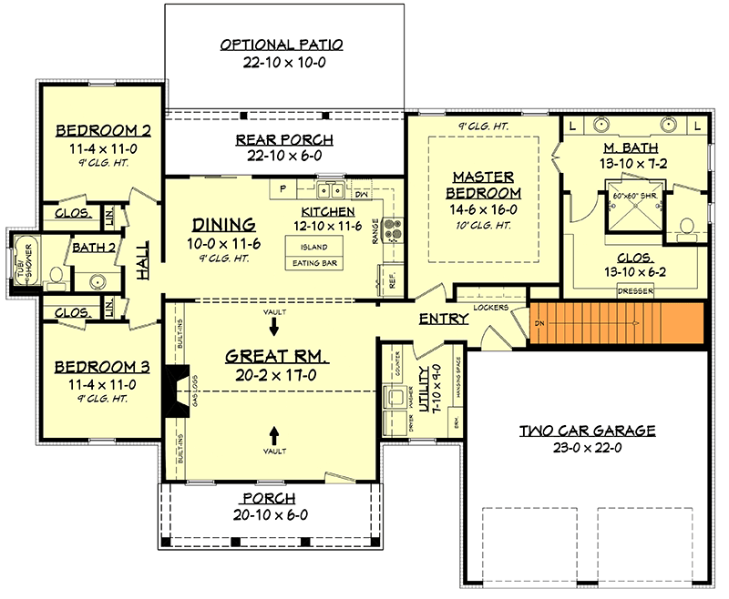 Plan 51798HZ: Split Bedroom House Plan with Vaulted Great Room - Floor Plan - Main Level - Basement Stair Location - Cottage, Craftsman, Southern, Traditional