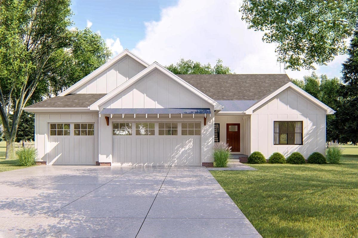 House plan exterior with board and batten siding, multiple gables, and a two-car garage. Features include a front porch with a metal awning.
