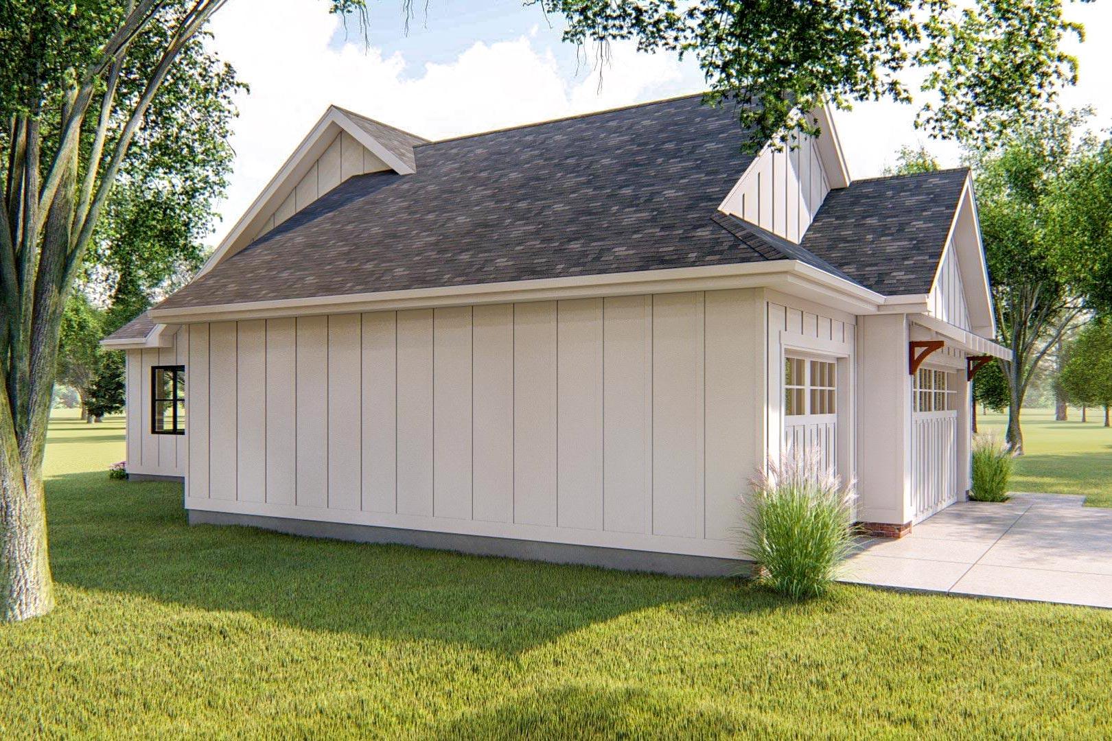 House plan exterior, Modern Farmhouse style, 1 story, board and batten siding, gable roof, and covered garage entrance.