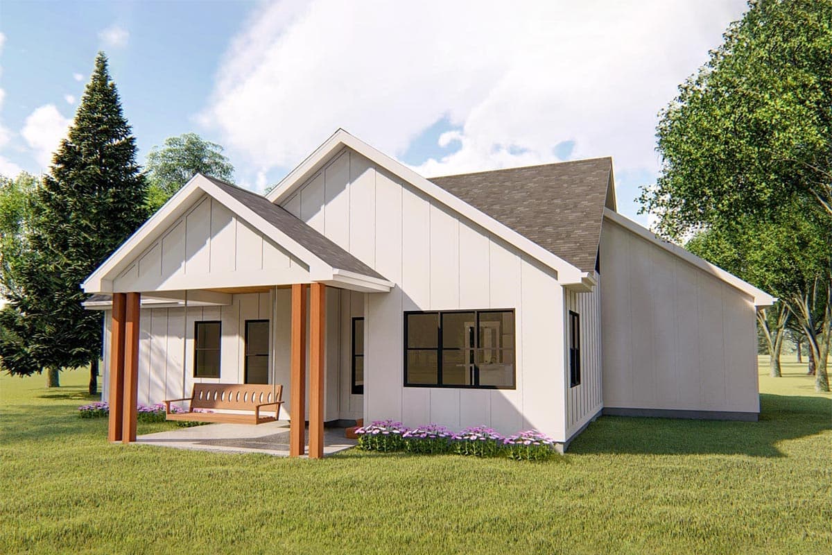 Modern Farmhouse style house plan exterior featuring a covered porch with swing, gabled rooflines, and vertical siding.