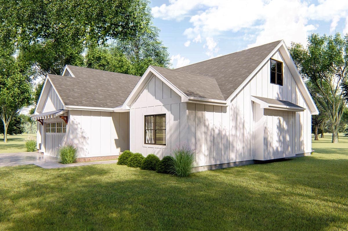 Modern Farmhouse house plan exterior with board-and-batten siding, gables, and an attached garage.