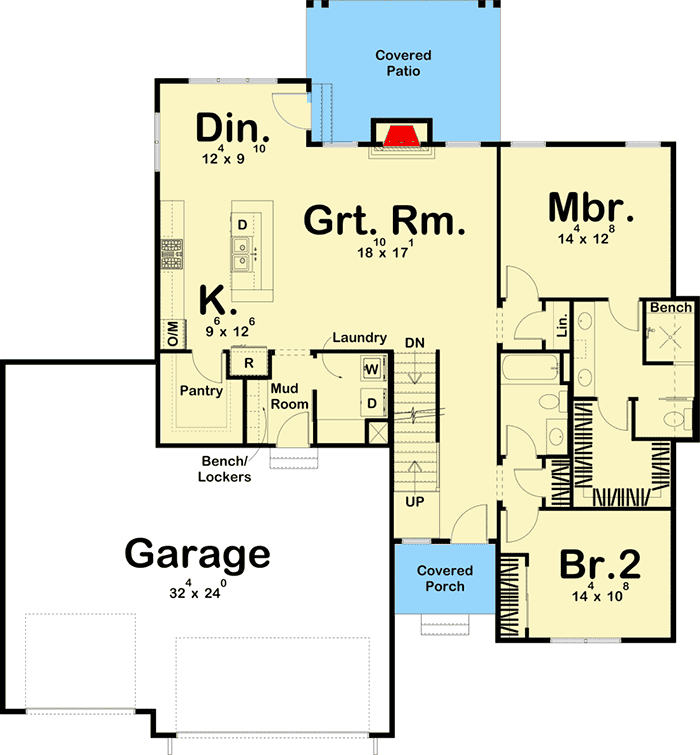 Plan 62754DJ: 4-Bed New American House Plan with Upstairs Kids' Space - Floor Plan - Main Level - Country, New American