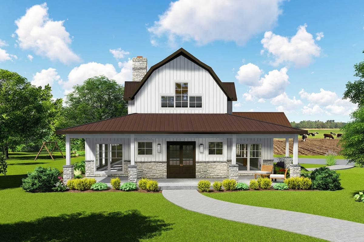 House plan exterior. Two-story Modern Farmhouse with a gabled roof, full-width porch, and stone-clad foundation accents. Includes a central chimney.