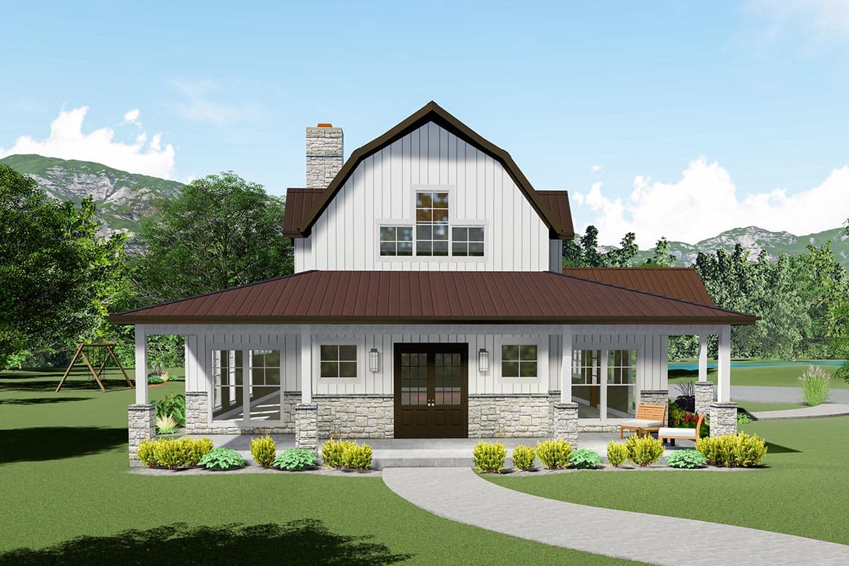 Modern Farmhouse house plan exterior with gambrel roof, wraparound porch, stone accents, and gable dormer.