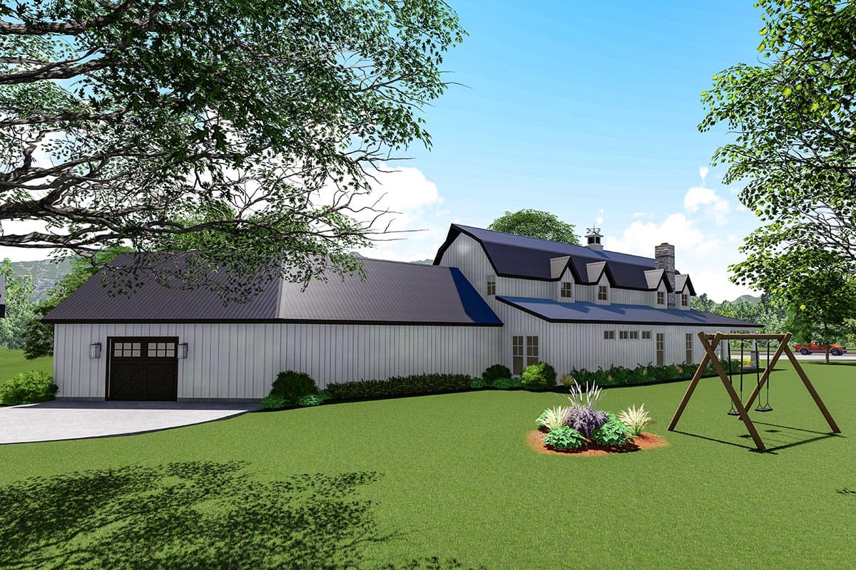 House plan exterior of a Modern Farmhouse style home with attached garage, dormers, and a metal roof.