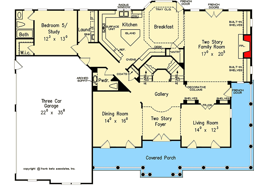 Plan 710135BTZ: Traditional House Plan with Wrapping Porch and 2-Story Family Room - Floor Plan - Main Level - Country, Southern, Traditional
