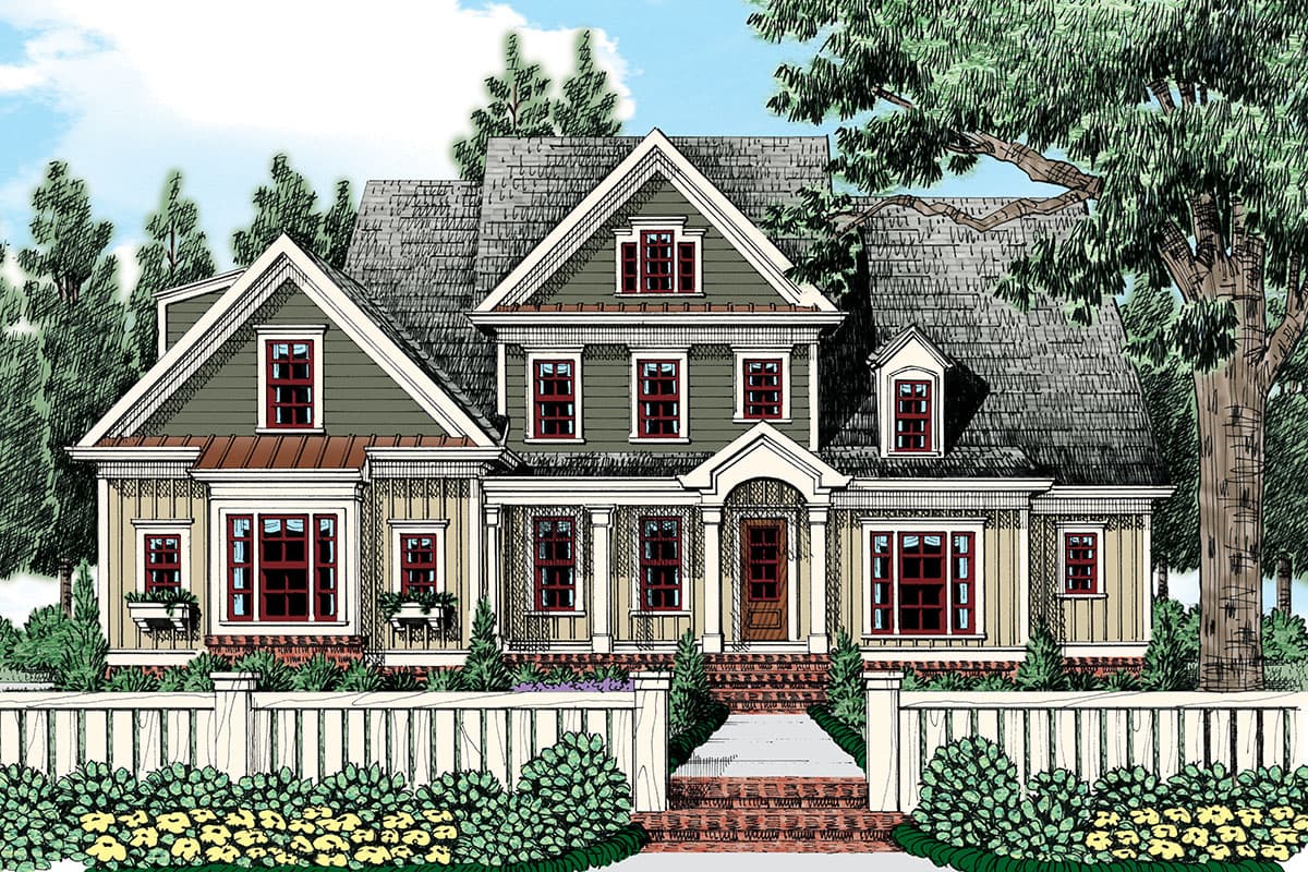 House plan exterior with Craftsman style, two stories, front porch with columns, multiple gables, and dormers.