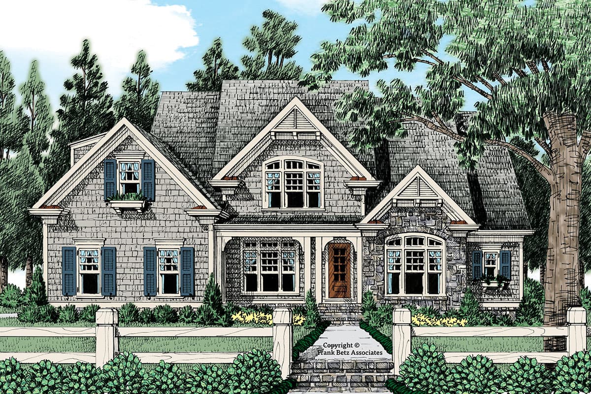 House plan exterior. Craftsman style with multiple gabled rooflines, stone facade, and a covered front porch with columns. Features window shutters.