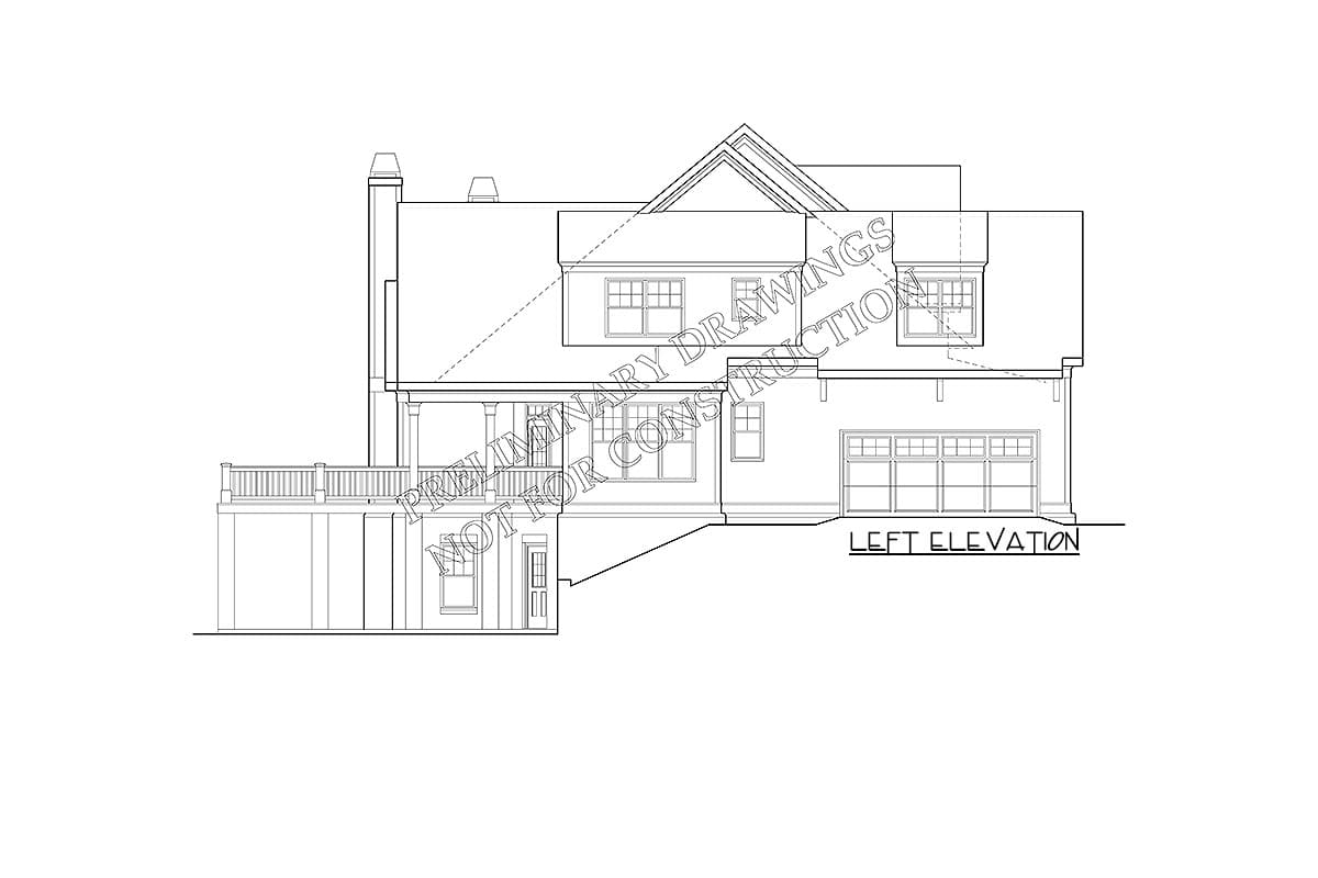 Left elevation drawing of a house plan showing a covered porch, deck, garage, and multiple gables.