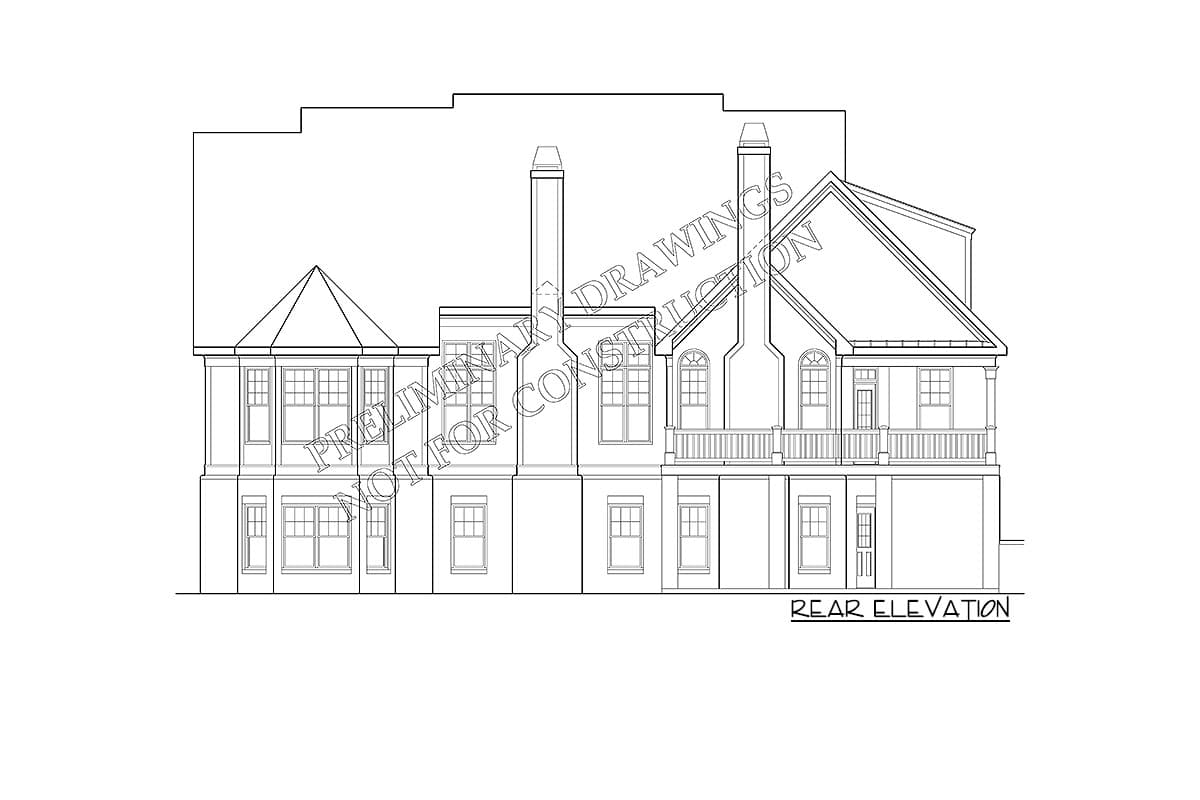 Rear elevation drawing of a house plan with multiple gables, chimneys, and a second-story balcony.
