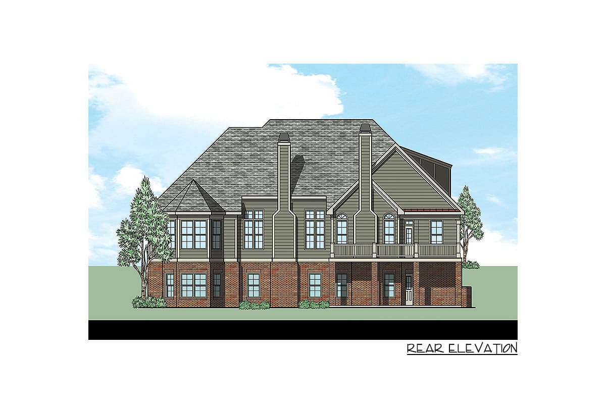 Rear elevation drawing of a house with brick base, siding, multiple gables, dormers, and a wraparound deck.