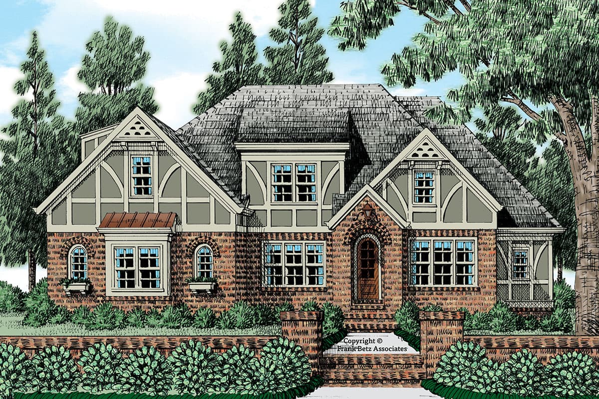 House plan exterior rendering. Two-story Tudor style home with gabled roof, brick facade, arched entry, and multiple dormers.