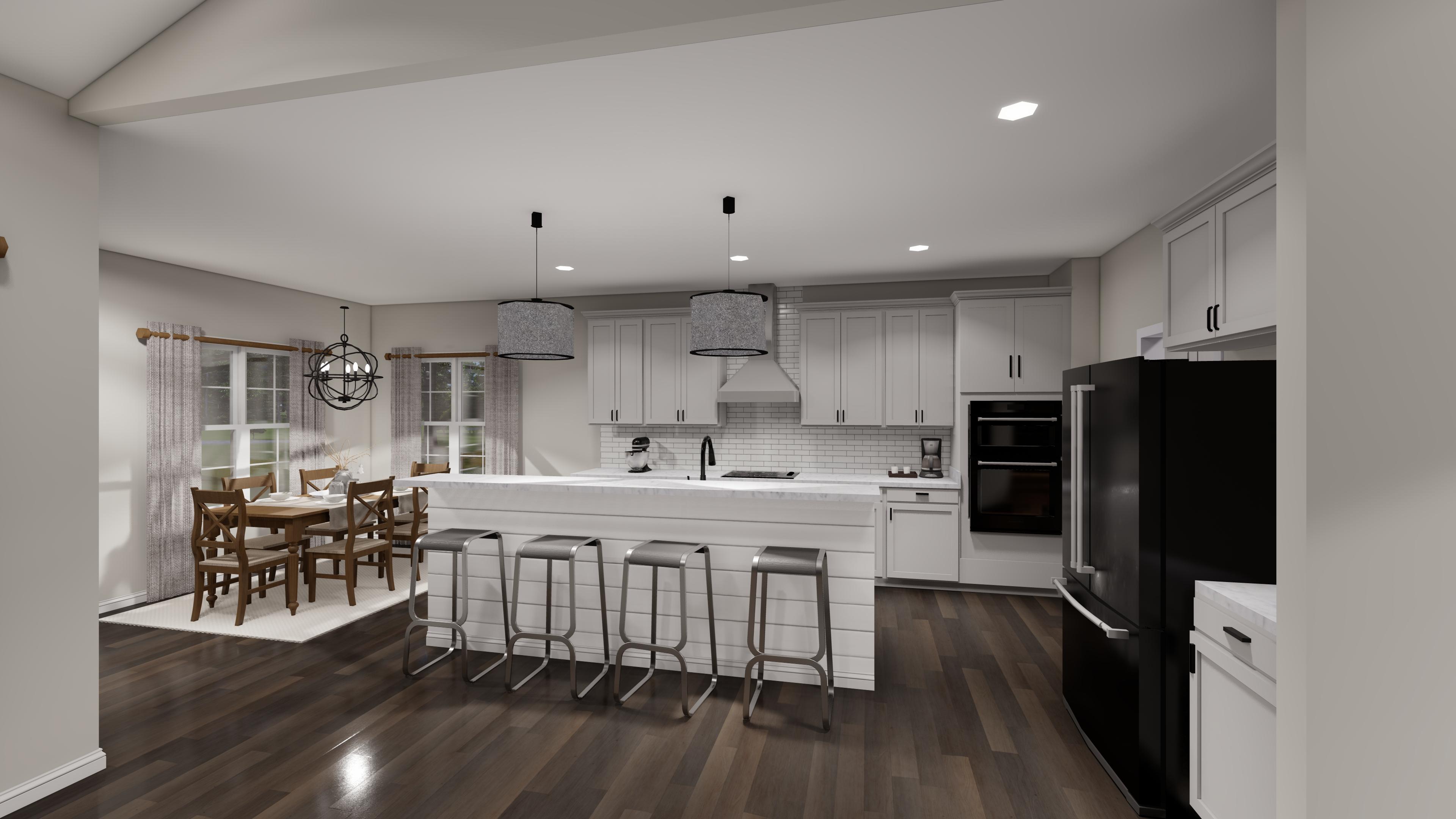 Open concept kitchen and dining area with island seating, white cabinets, subway tile backsplash, and wood flooring.