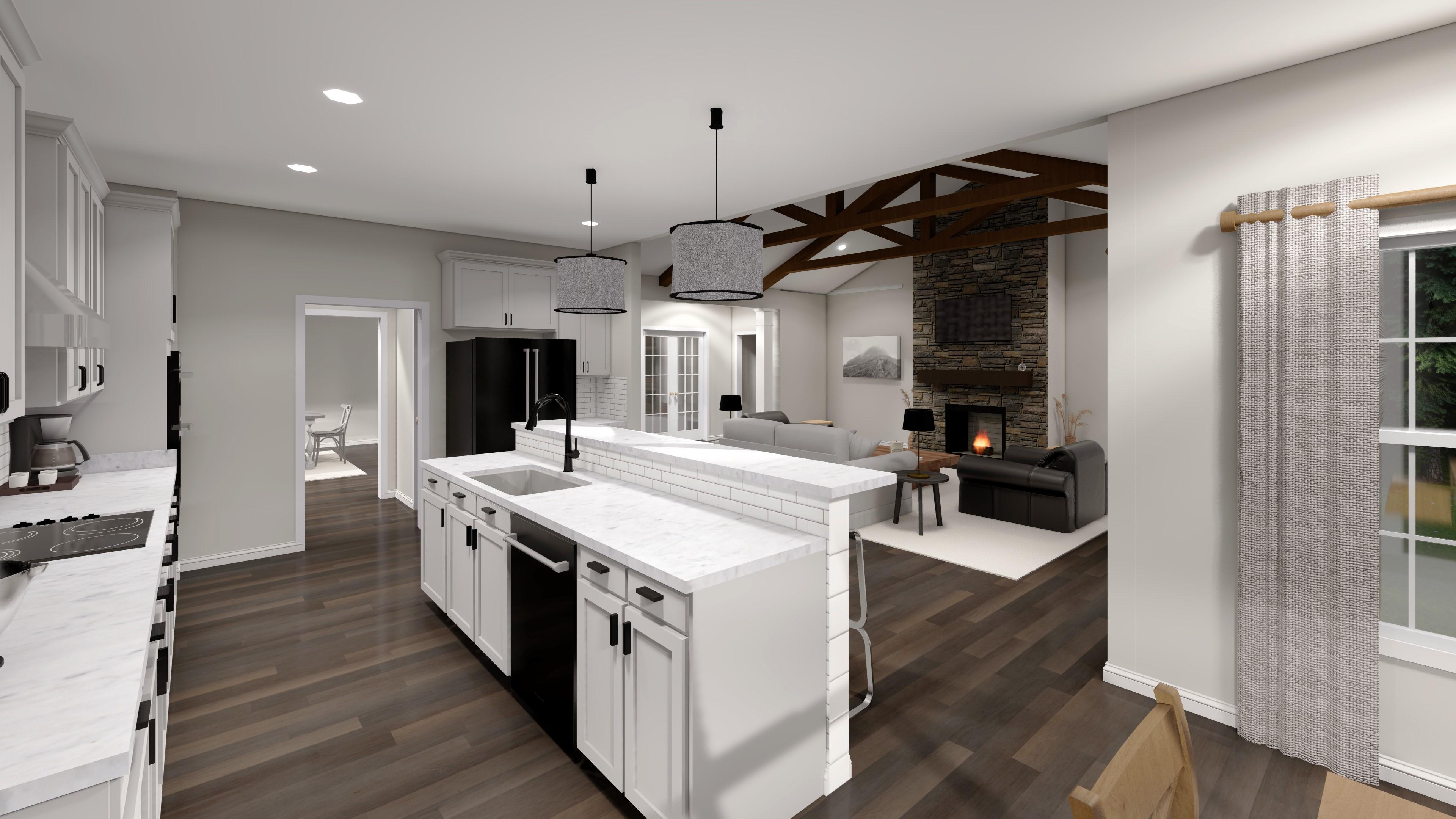 Open-concept house plan rendering: kitchen with island, great room with stone fireplace, vaulted ceiling, and exposed beams.