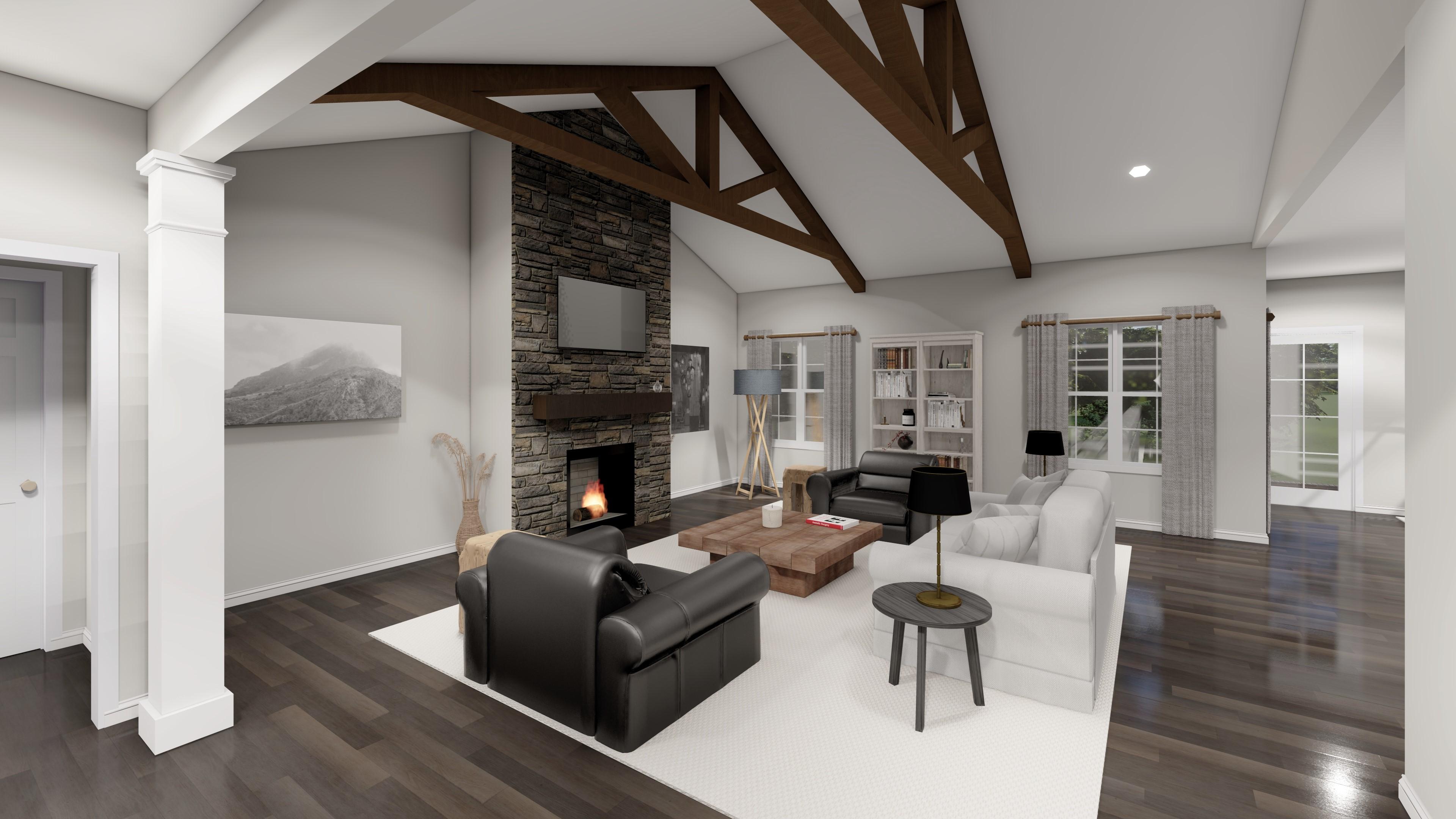 Great room interior rendering with vaulted ceiling, exposed wooden beams, and stone fireplace.