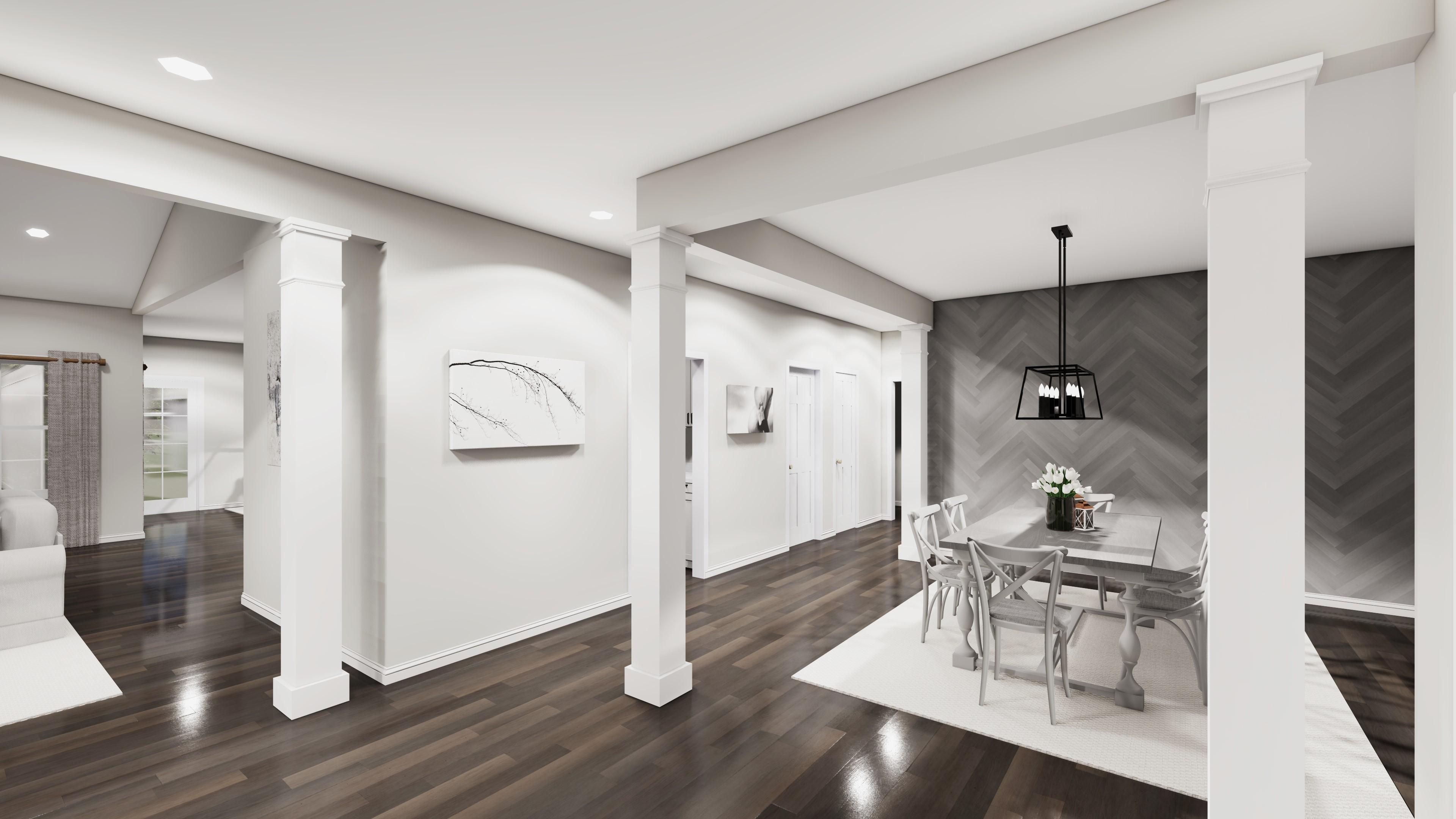Interior rendering shows a dining area with a table and chairs, and an adjacent living space with columns and dark wood floors.