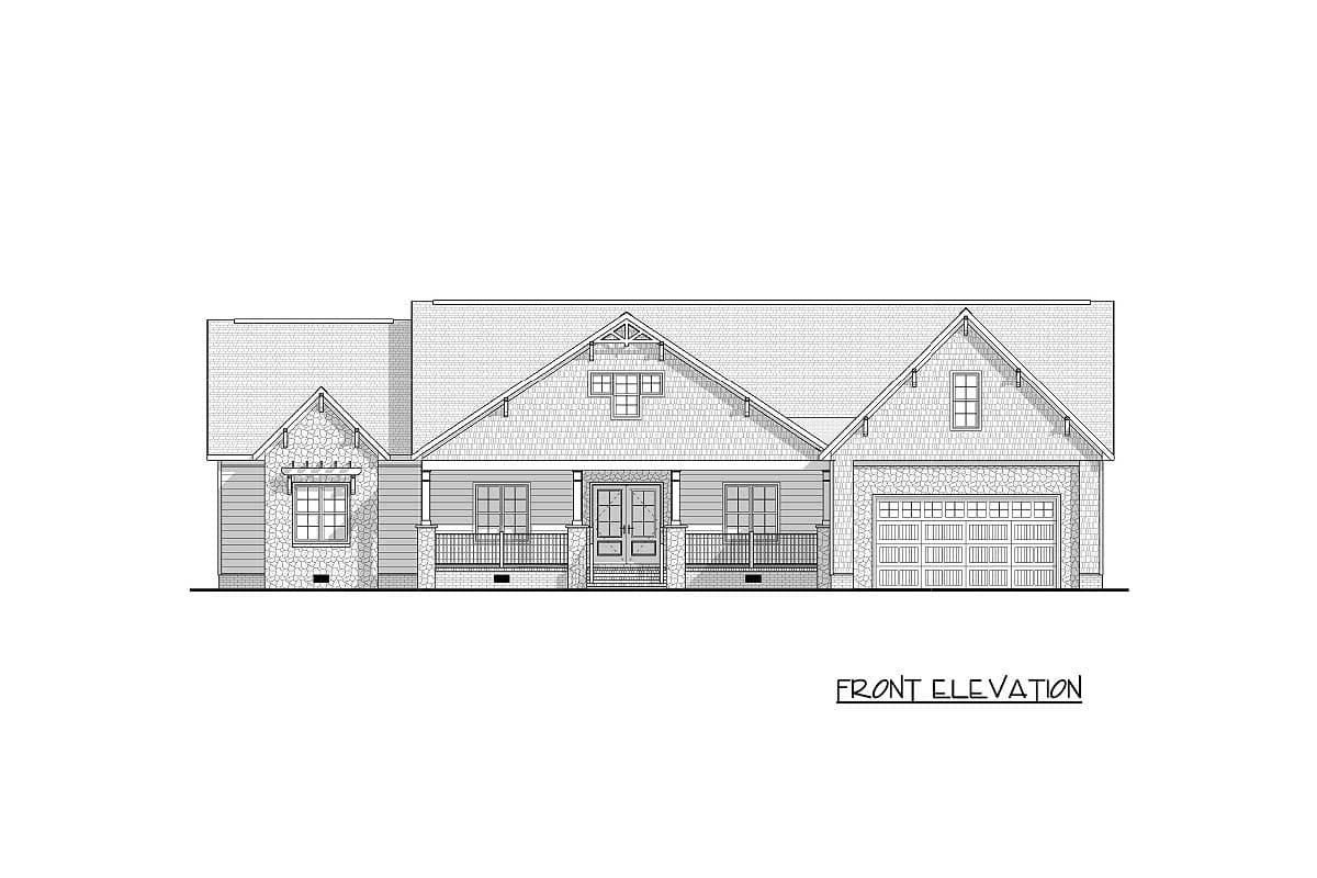 Front elevation drawing of a one-story house plan with a covered front porch, stone accents, and a two-car garage.