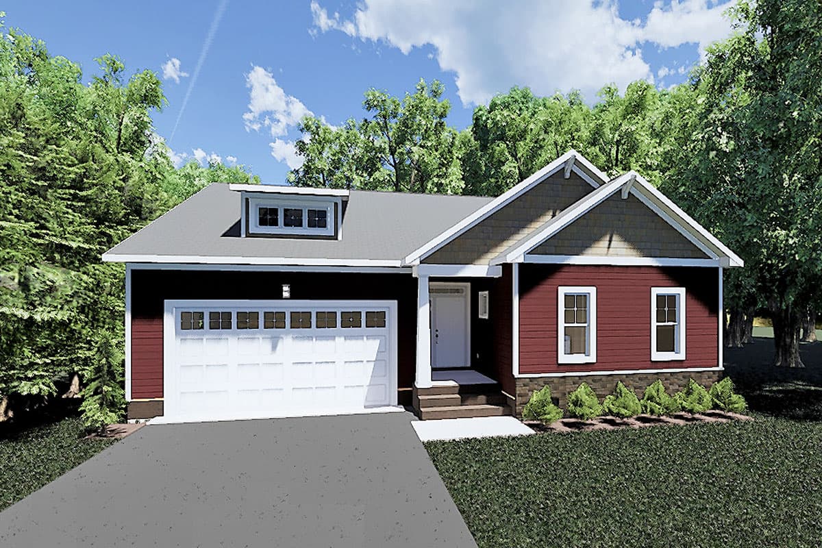House plan exterior of a one-story home with a dormer, attached garage, and covered entryway.