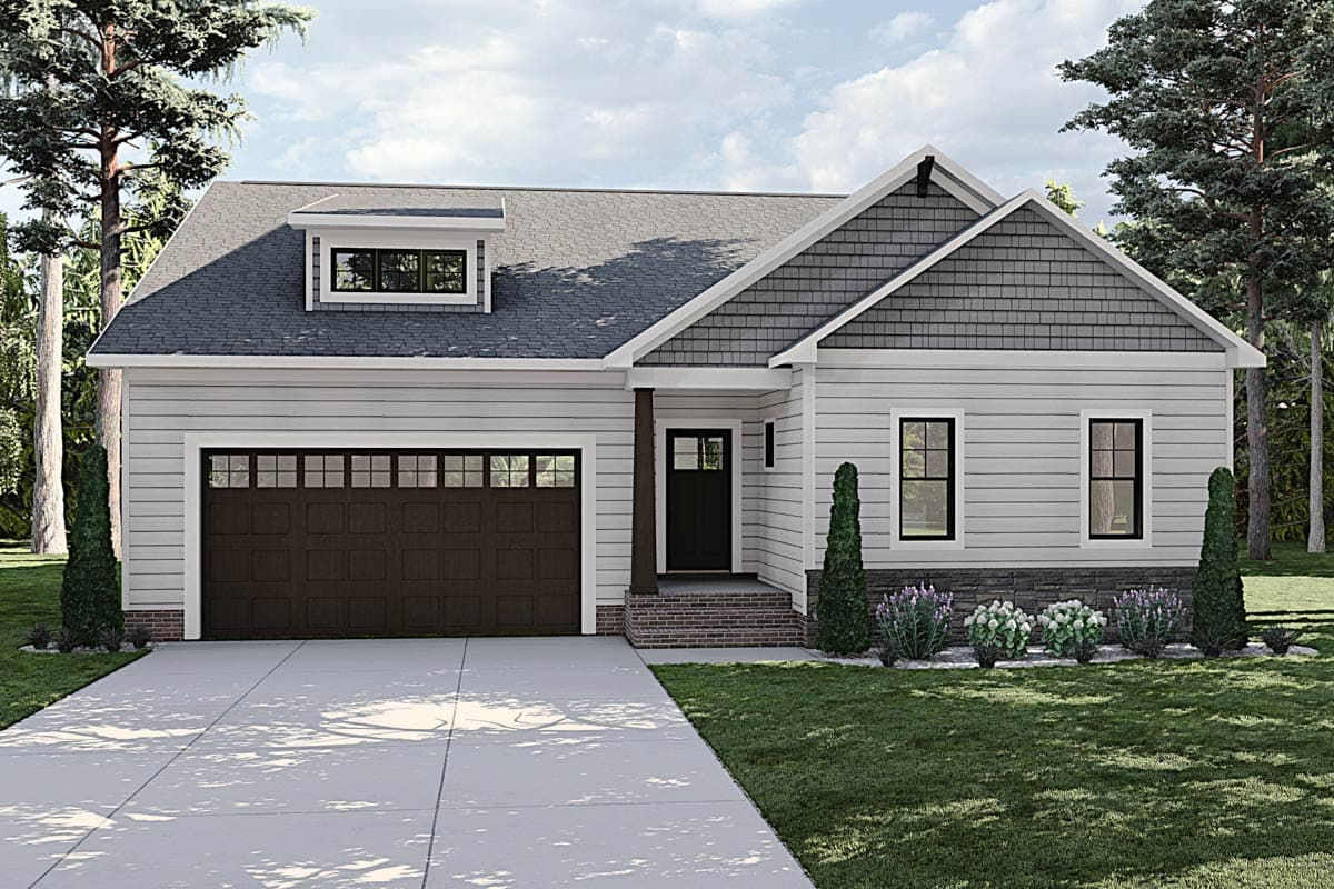 House plan exterior with Craftsman style, single story, and a gable roof. Features include a garage, dormer, and porch with a supporting post.