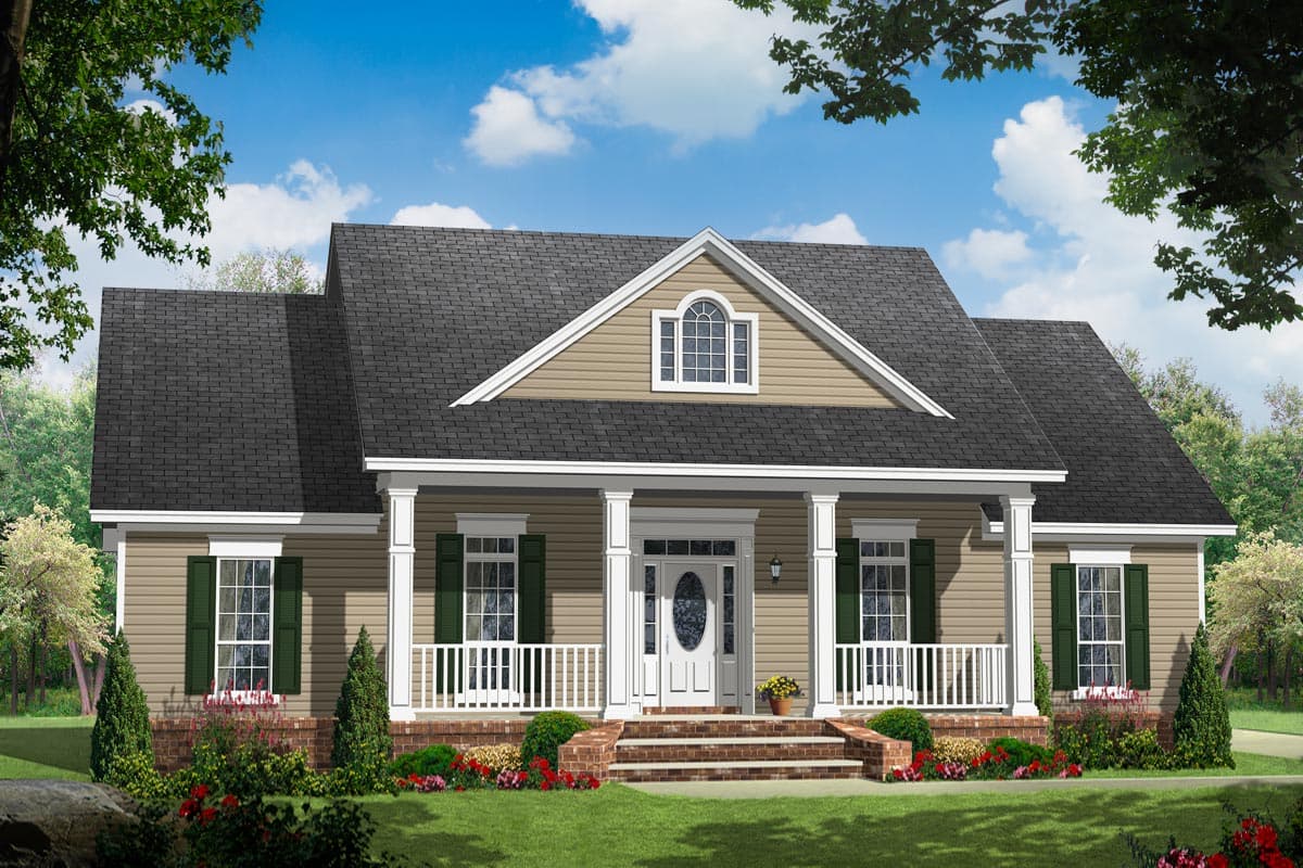 House plan exterior. Ranch style with a front porch, gabled roofline, and dormer window above the front door. Features a brick foundation.