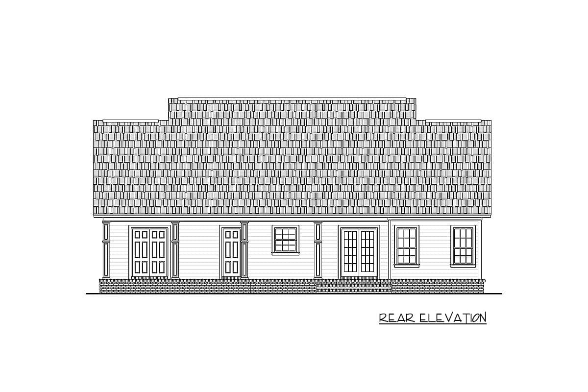 Rear elevation house plan showing multiple doors, windows, and a hipped roof.
