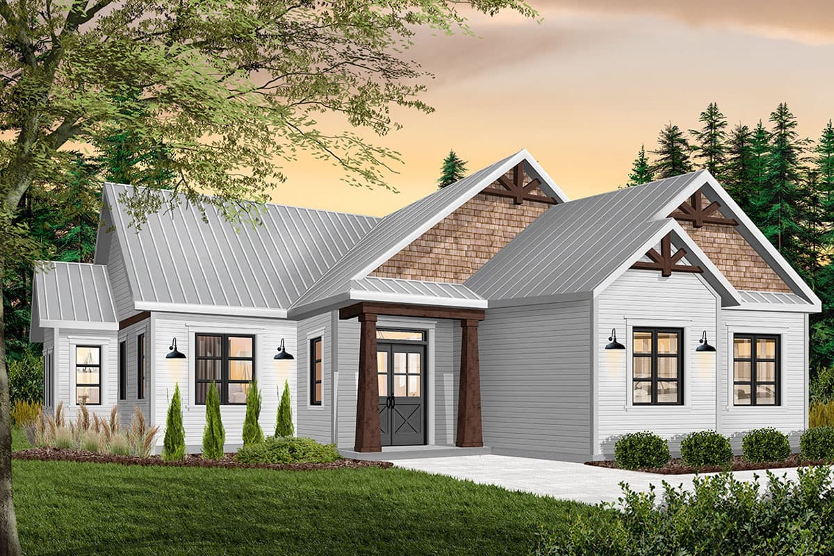 House plan exterior rendering, featuring a farmhouse style, visible gables, a covered entry, and metal roofing.