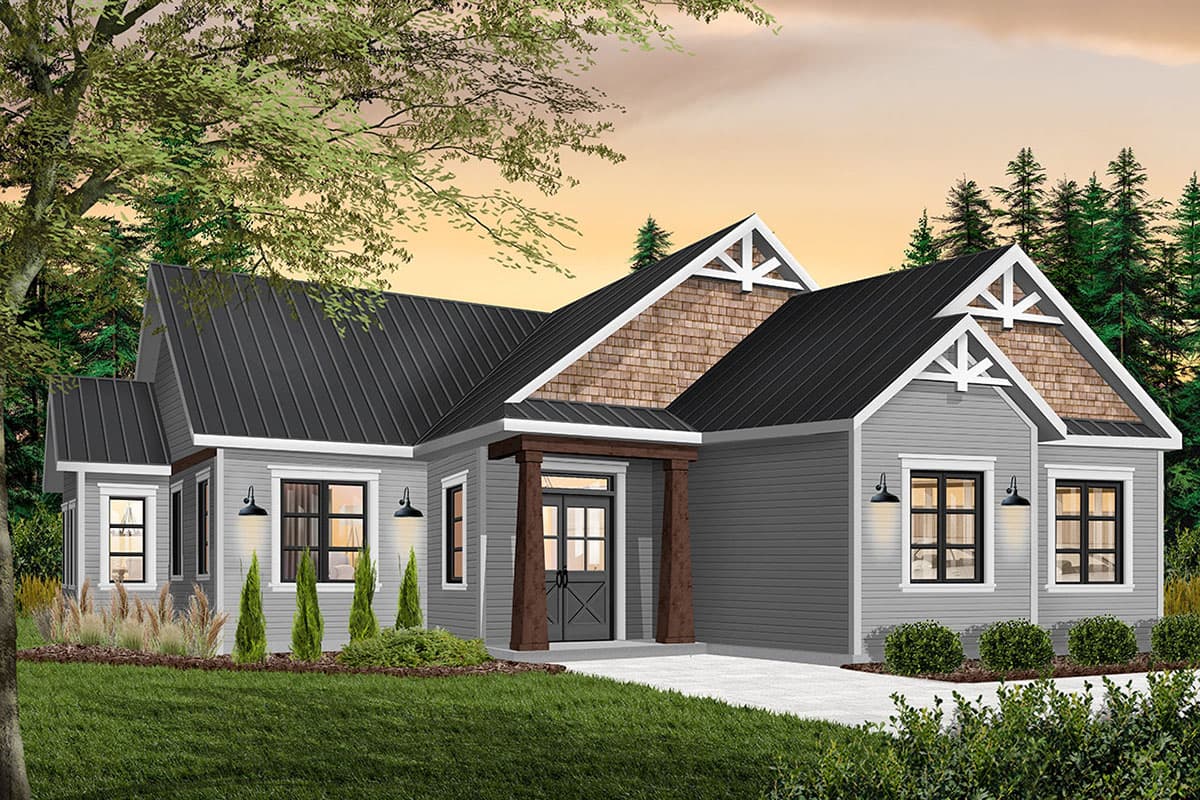 Modern Farmhouse house plan exterior with gabled dormers, metal roof, and covered entry with timber posts.