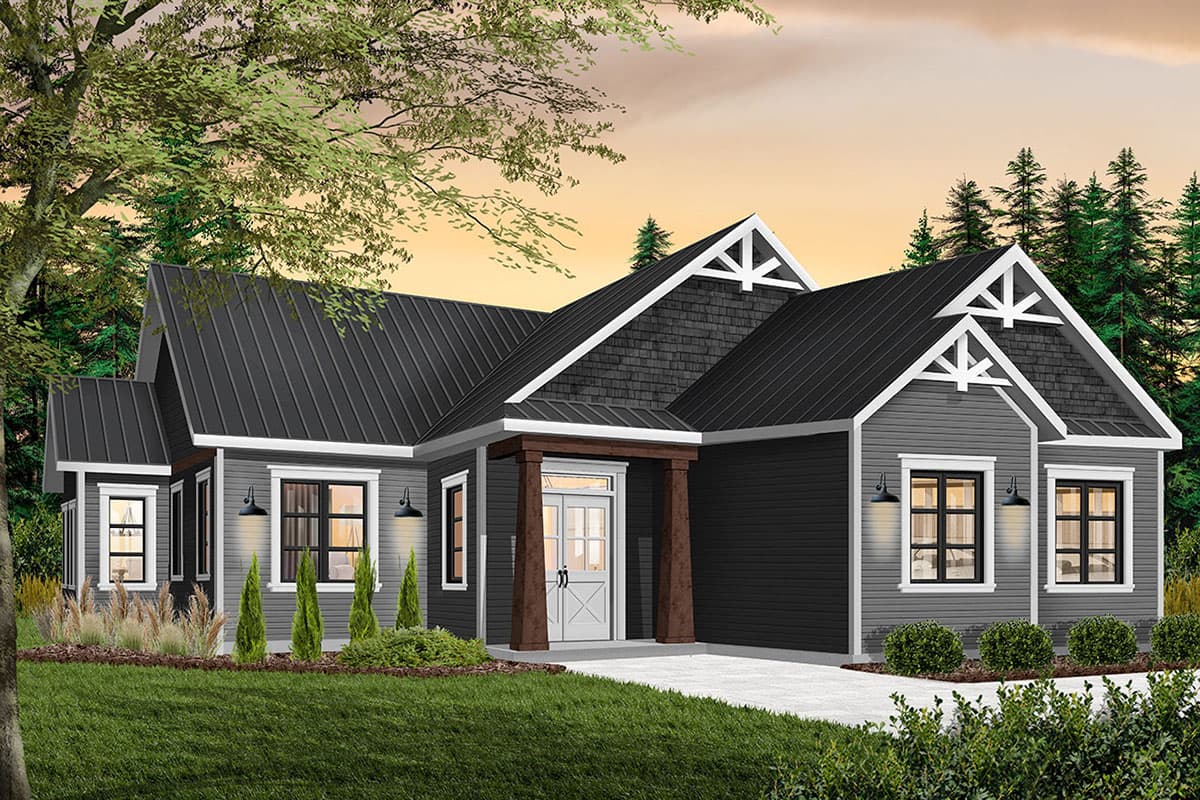 Modern Farmhouse house plan exterior with gables, a covered entry with wooden posts, and large windows.