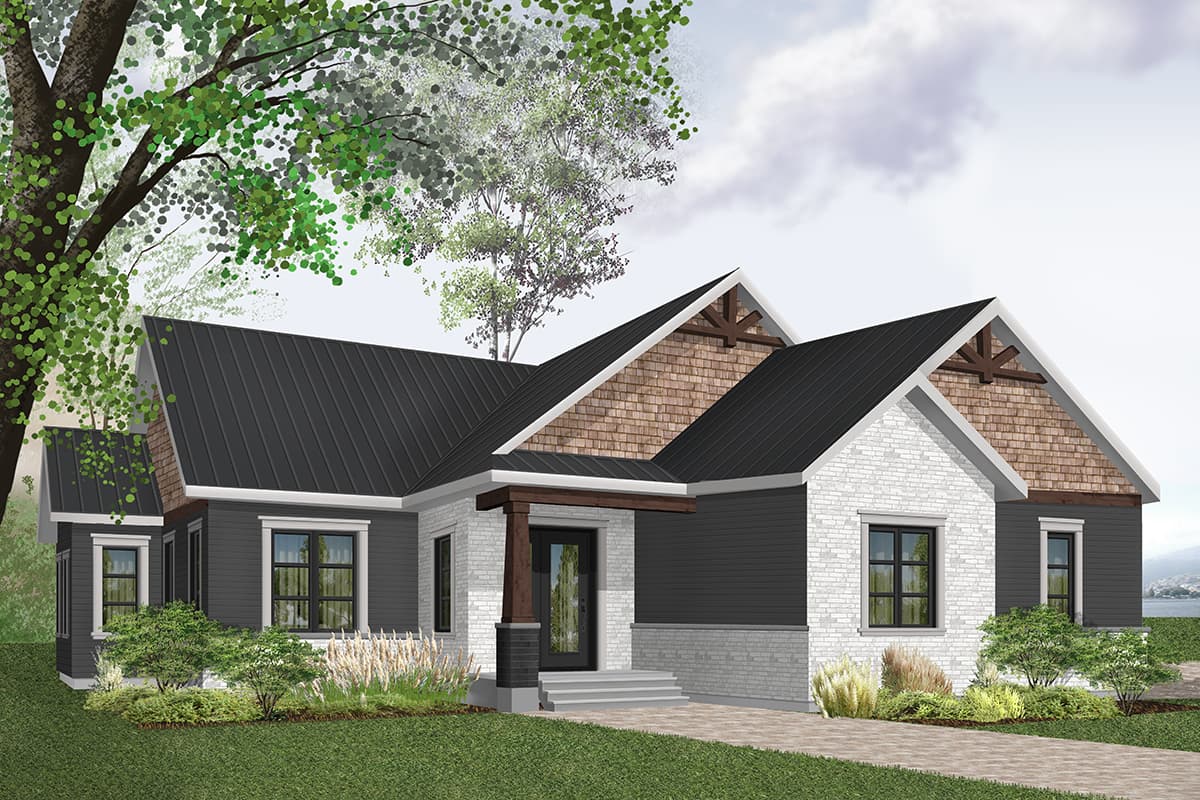 House plan exterior. Modern style, one story, with gabled roof, exposed timber framing, and covered entry porch with brick columns.