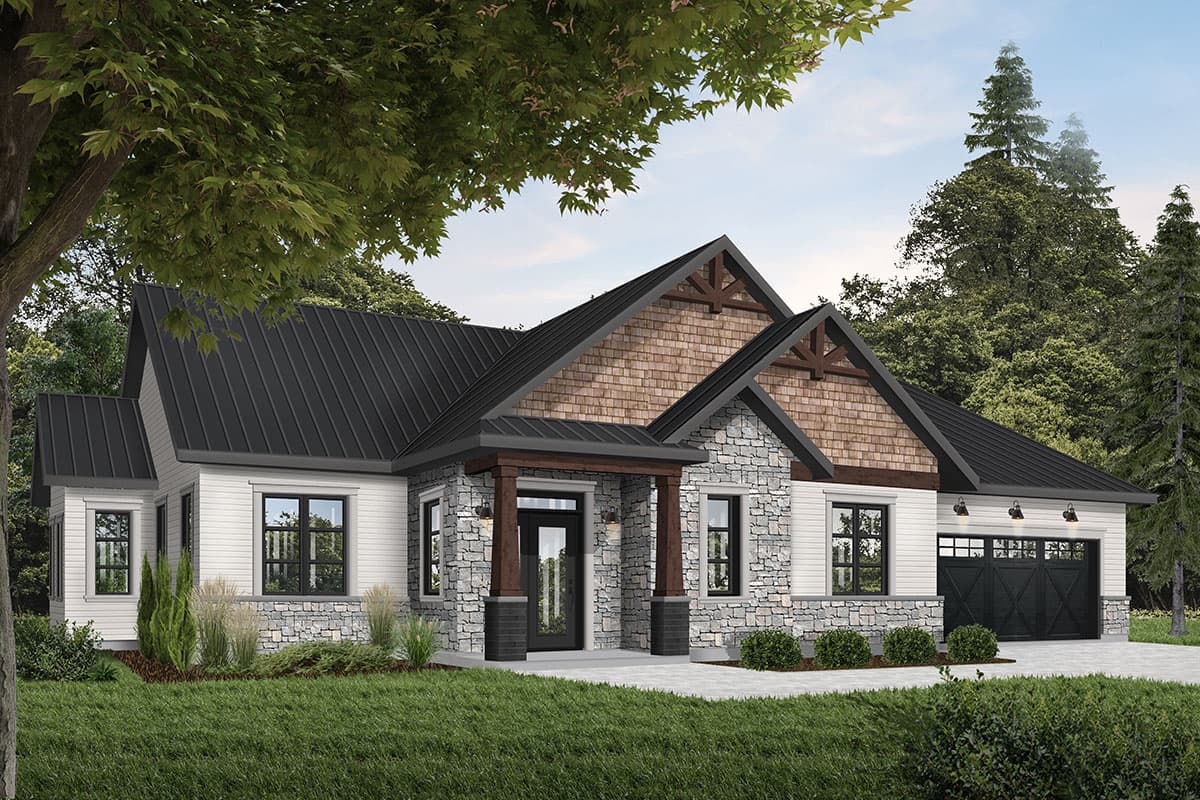 Modern Farmhouse house plan exterior with stone and cedar shake accents, a covered entry porch with timber posts, and a side-entry garage.