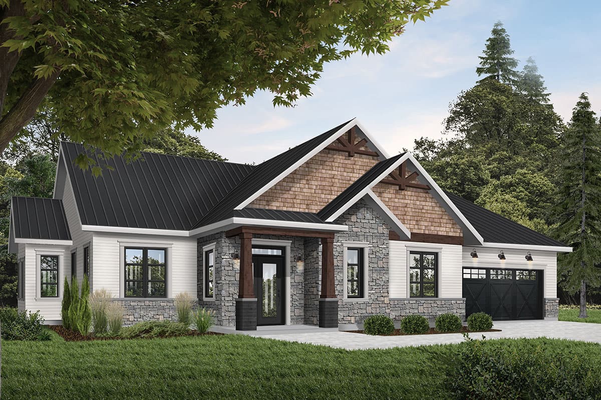 Modern Farmhouse style house plan exterior. One story with black metal roof, stone and wood siding, covered entry, and three-car garage.