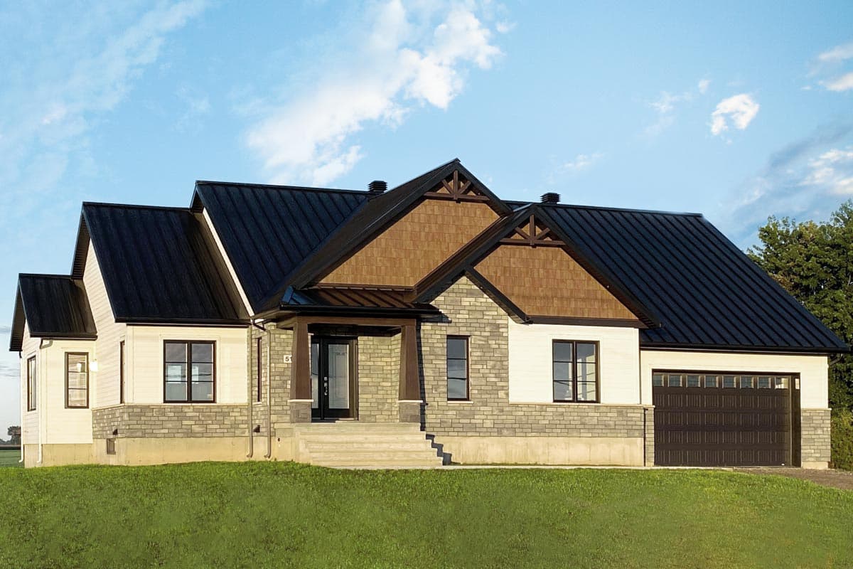 House plan exterior with two stories, a gabled roof, stone and siding facade, covered entry, and attached garage with a dark garage door.
