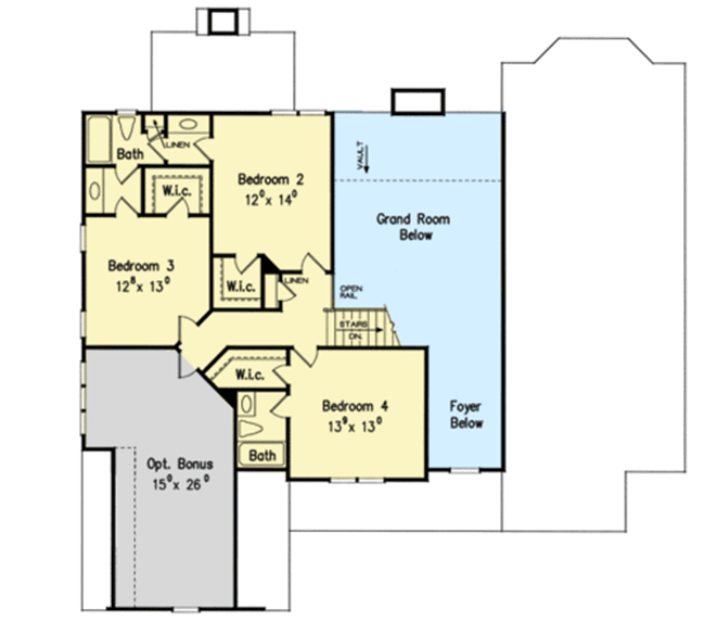 Plan 710134BTZ: 4-Bed Traditional House Plan with Upstairs Bonus Room - Floor Plan - 2nd Floor - Southern, Traditional