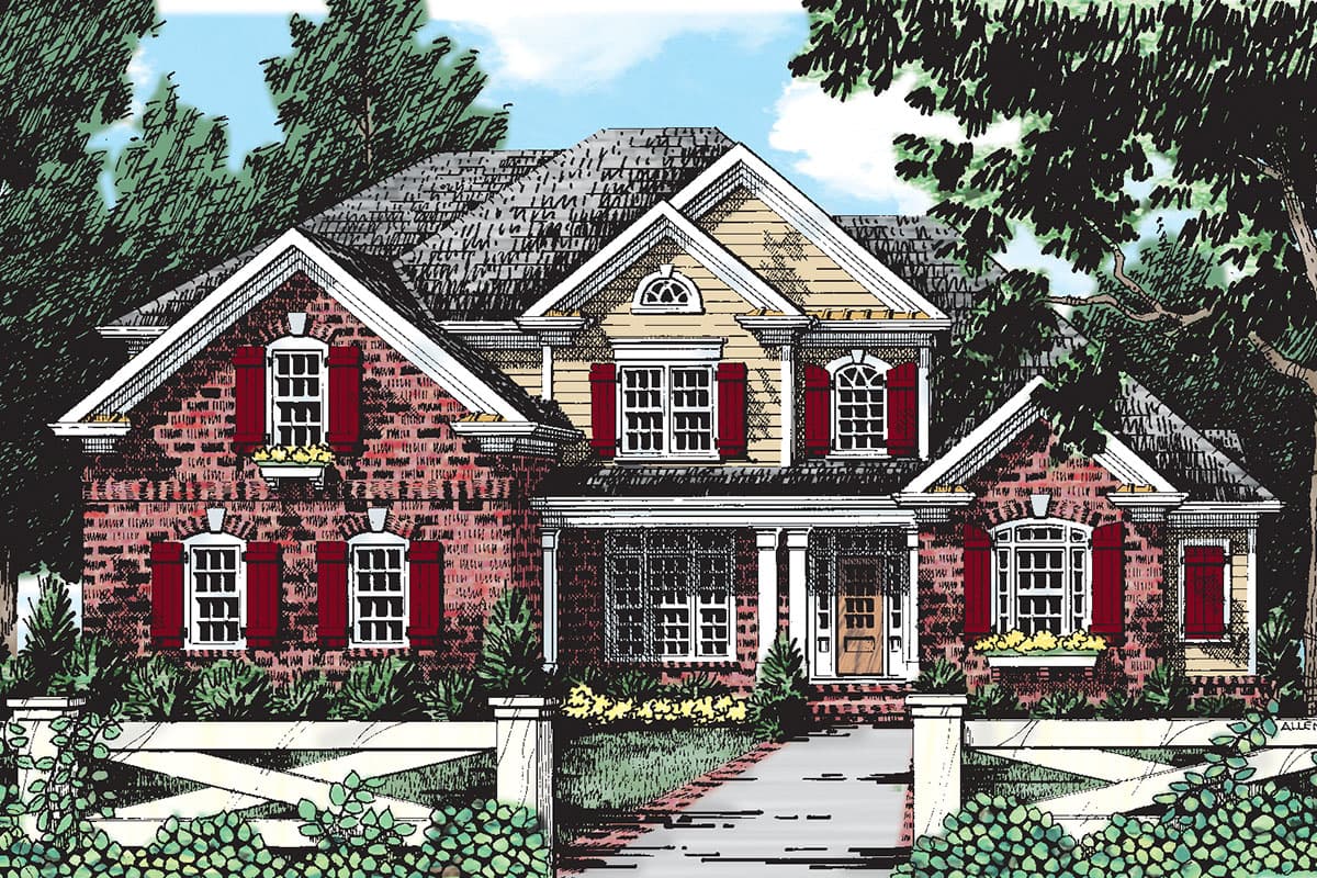 House plan exterior with two stories, brick facade, gabled roof, front porch with columns, and decorative window shutters.